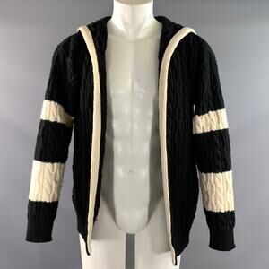 SAINT LAURENT Size L Black White Stripe Wool Hooded Sweater